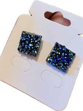 Square Blue-Green Druzy-style Stud Earrings
